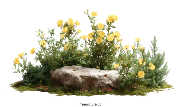 [Transparent Background PNG]Beautiful Yellow Flowers and Plants on Stone