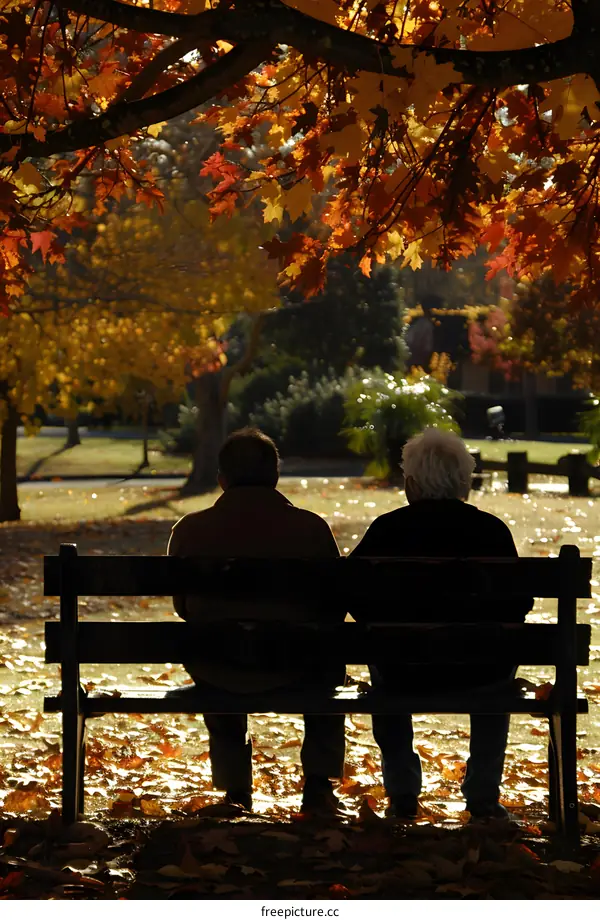 Two People Sitting on a Bench in Autumn Park