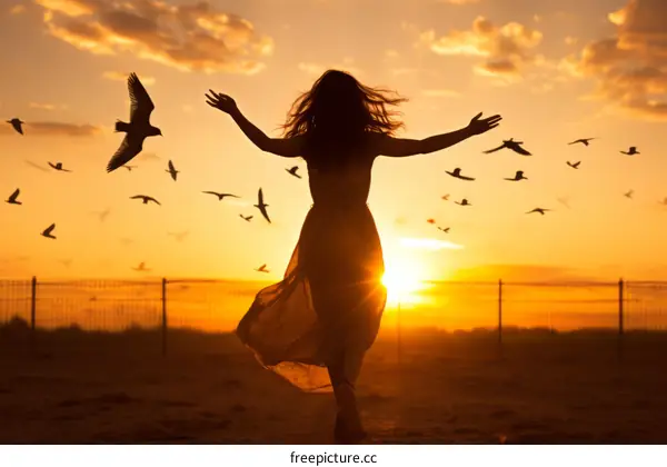 carefree woman running through field at sunset with arms outstretched