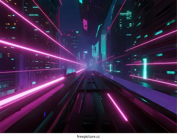 Futuristic Cityscape with Glowing Neon Lights and Holographic Elements
