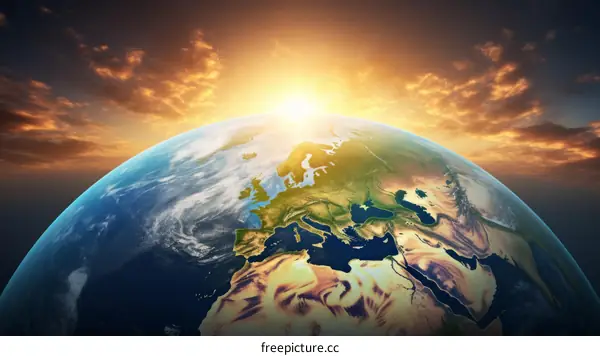 Earth from space showing Europe and Africa with a sunrise or sunset in the background