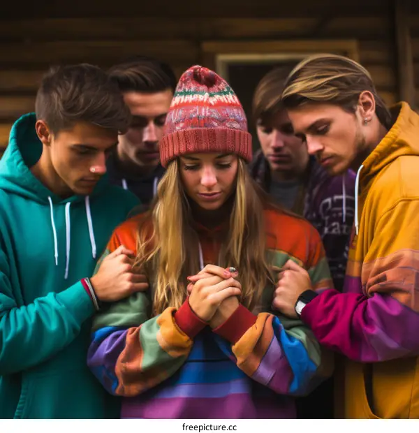 A group of friends praying together in a cabin