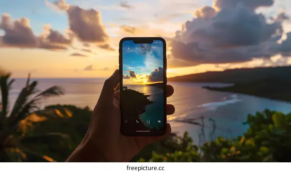 Hand Holding Phone with Sunset View