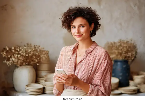 Woman using a mobile phone in a cozy studio