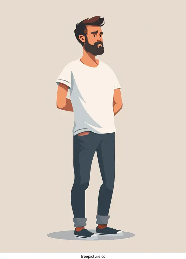 A man with a beard wearing a white shirt and blue jeans