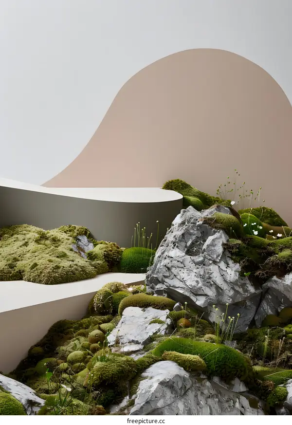 Abstract Minimalist Landscape with Moss and Rocks