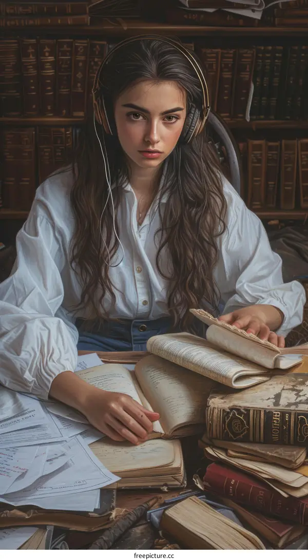 Portrait of a young woman reading a book in a library