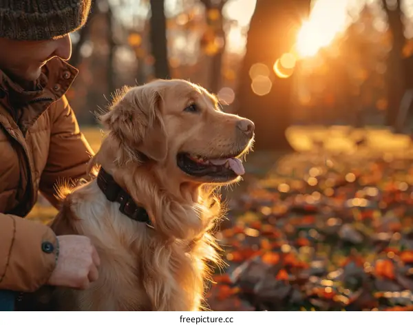 Man walking his golden retriever in the park