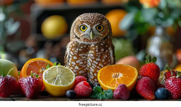 A cute owl lounges among colorful fruits and berries