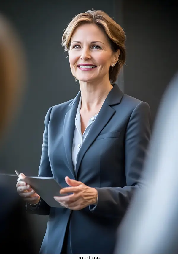 Smiling Businesswoman Holding Tablet in Meeting