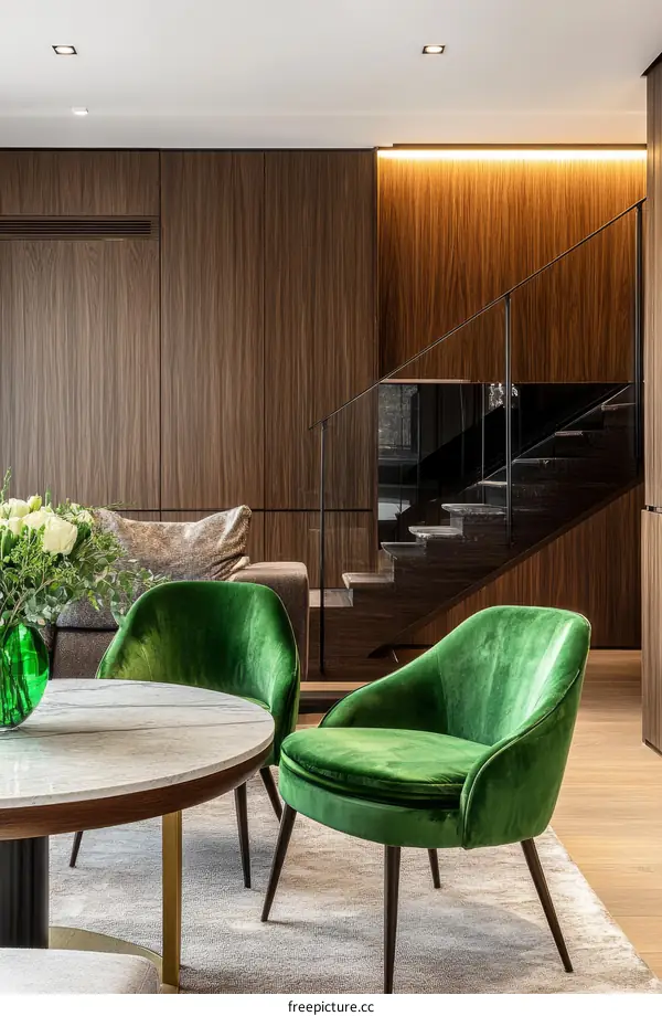 Modern Dining Room with Green Velvet Chairs