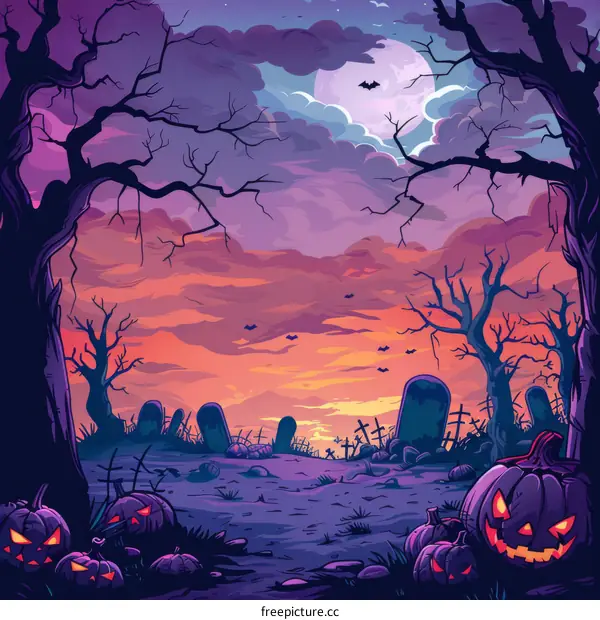Spooky Graveyard at Night with Pumpkins and a Full Moon