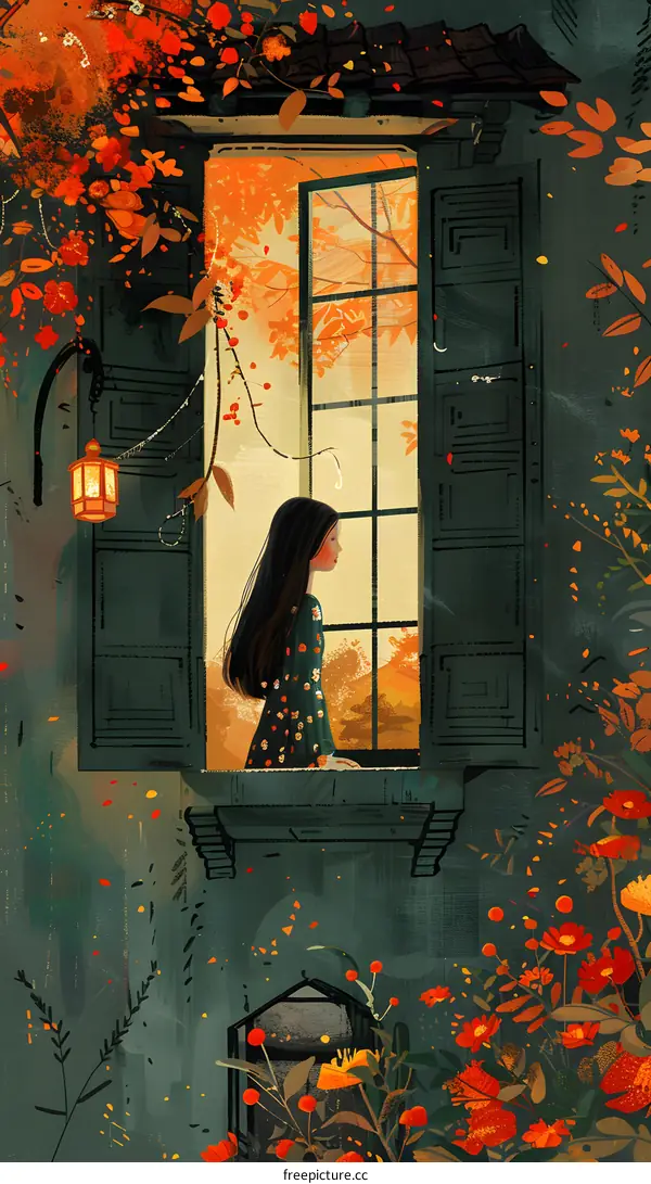 Illustration of a girl looking out the window in autumn