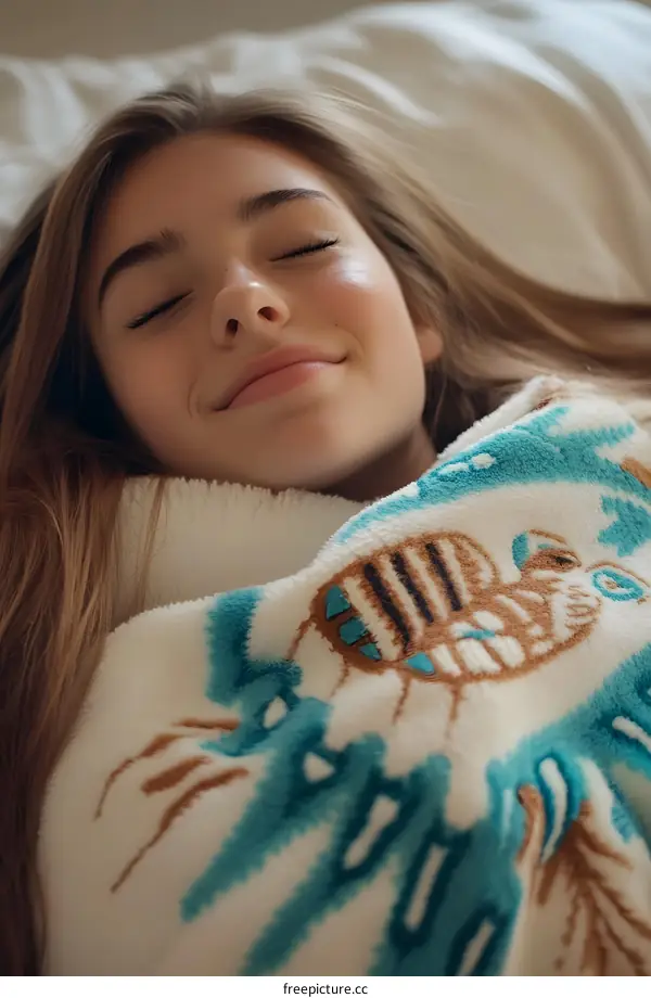 Smiling Woman Sleeping with Blanket