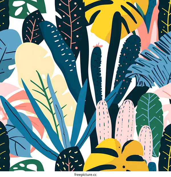 Tropical Leaves and Cactus Seamless Pattern