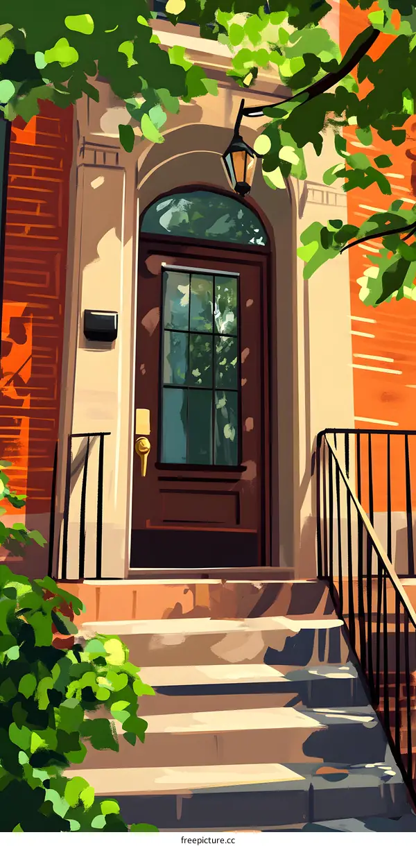 Front Door with Green Greenery Illustration
