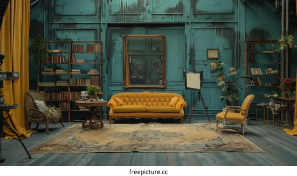 retro styled room with yellow sofa