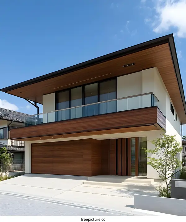 Modern House with Wooden Facade and Glass Balconies