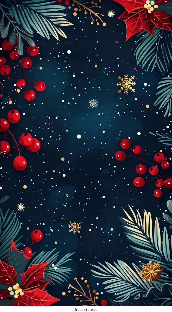 Christmas background with red berries and poinsettias