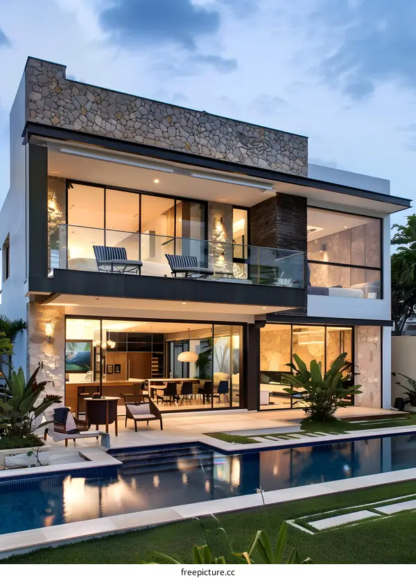 Modern House with Swimming Pool and Stone Facade
