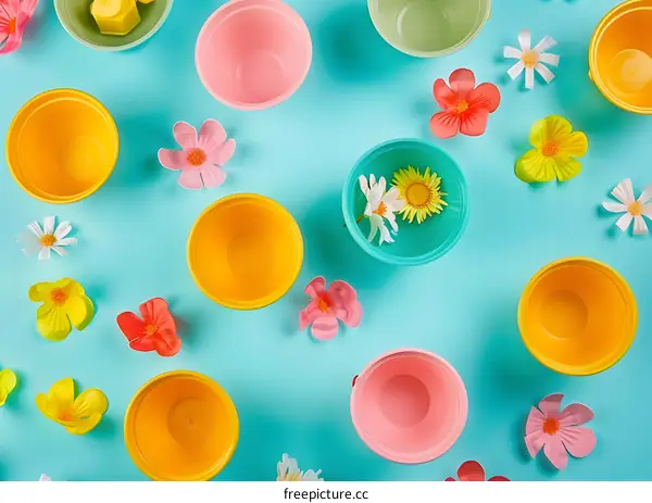 Colorful Flower Pots on Blue Background