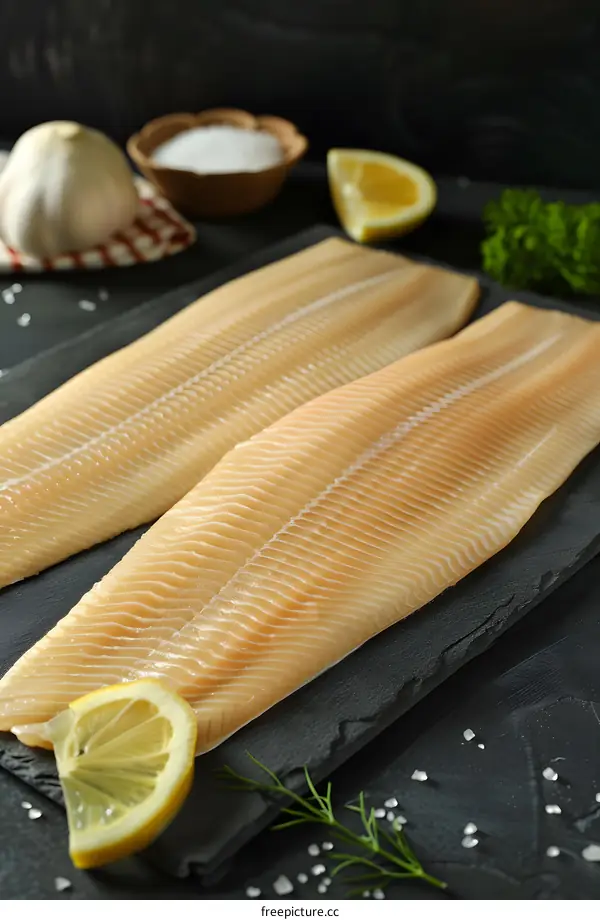 Fresh raw fish fillets on black slate board