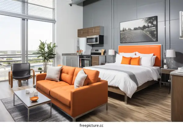 An open-concept studio apartment with a modern design