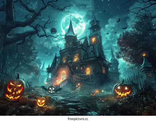 Spooky Halloween Pumpkin and Full Moon in Night Sky