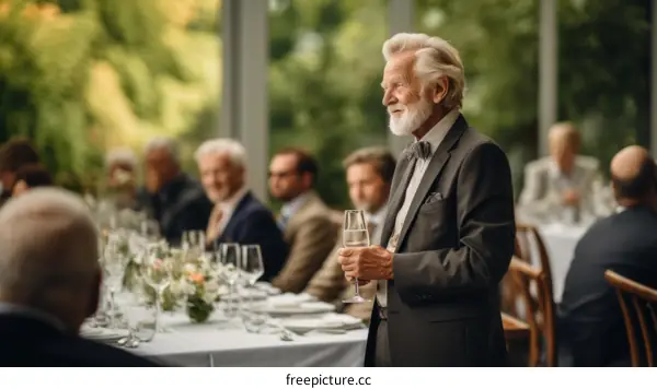 Elderly man giving a speech at a wedding