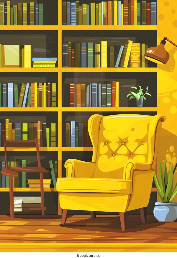 Yellow Armchair in a Library with Bookshelves