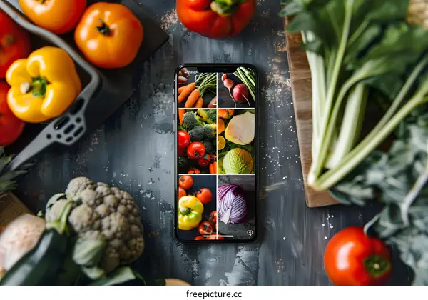 Fresh Vegetables on Phone Screen with Various Colorful Produce Around