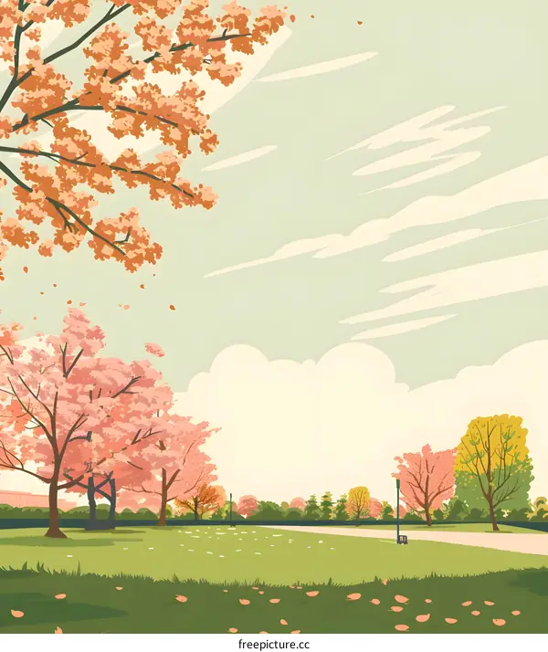 Spring Landscape with Cherry Blossoms and Green Grass