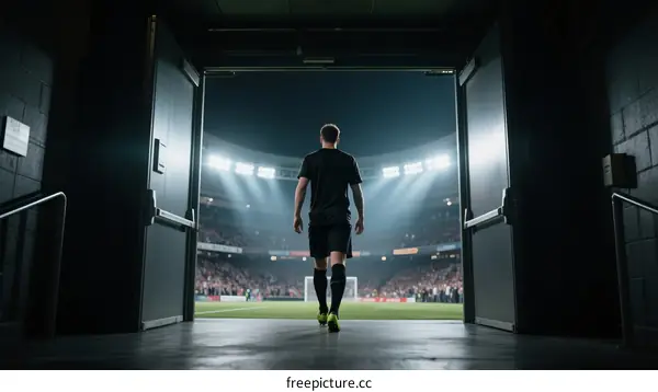 A male soccer player walking out of tunnel into stadium