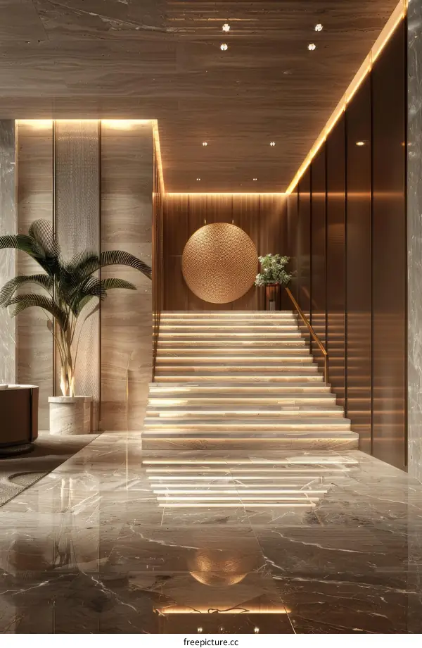 Staircase in a modern building with marble walls and a golden sculpture