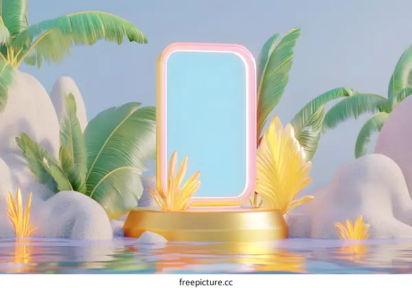 Minimalist Summer Scene with Neon Frame and Golden Palm Leaves