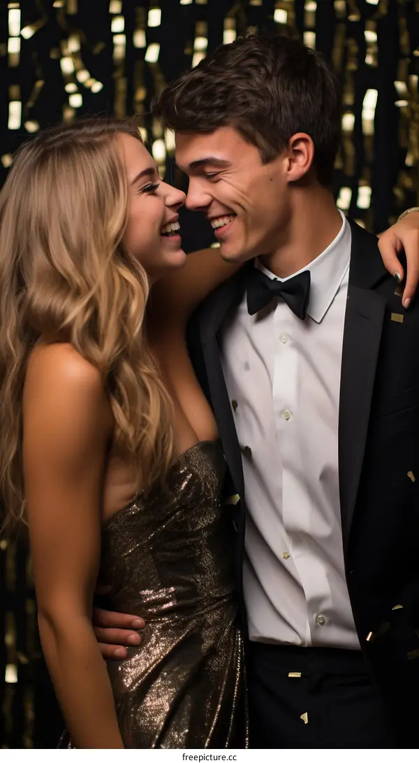 Young couple laughing and embracing at a party