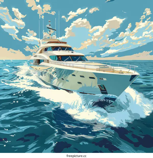 A luxury yacht is cruising in the vast ocean