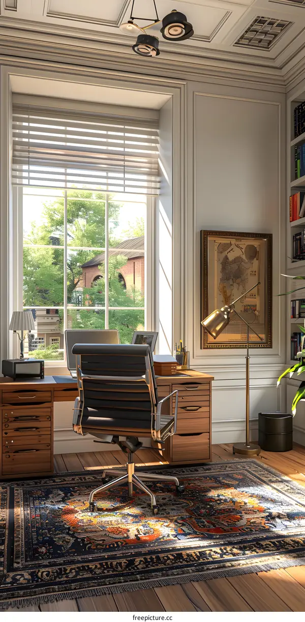 Home office interior with large windows and a beautiful view