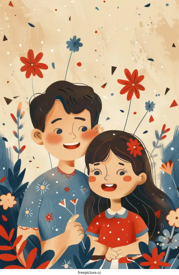 A happy couple is standing in a garden full of flowers.