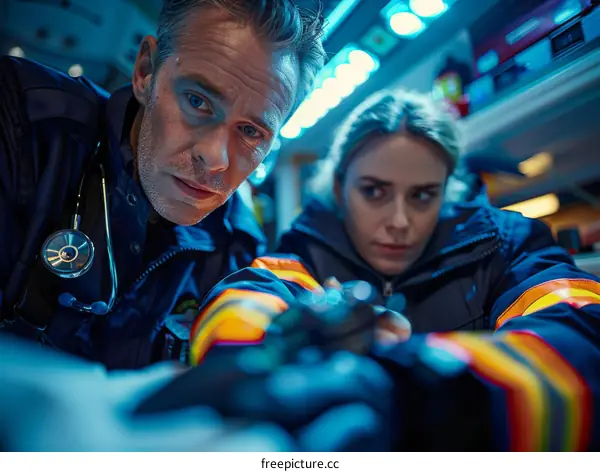 Two paramedics are working on a patient in the back of an ambulance