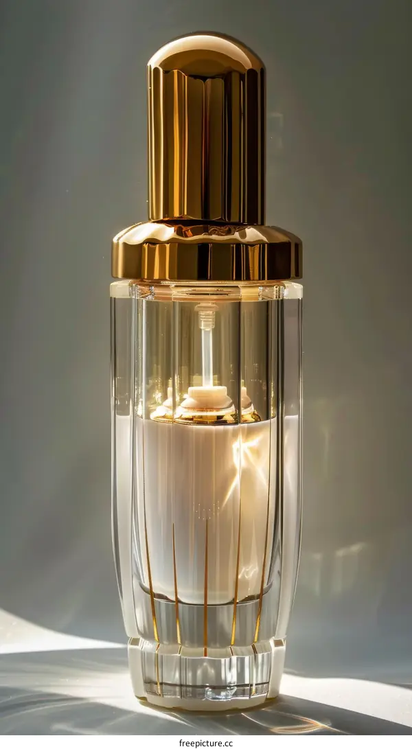 Luxury cosmetic bottle with golden lid on white background