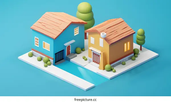 Low Poly Style 3D Illustration of Two Houses with a Canal and Trees