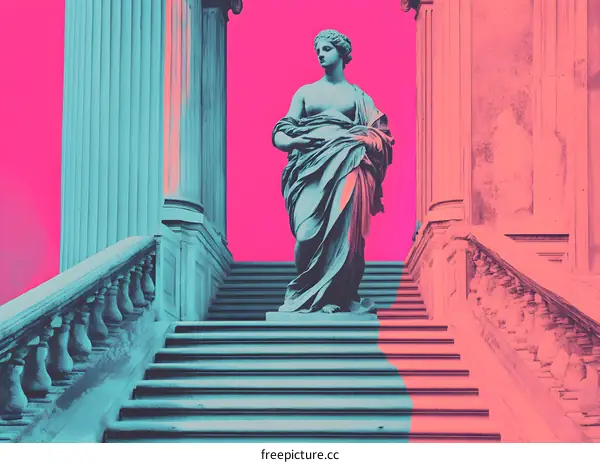 Ancient Statue on Stairs with Pink Background