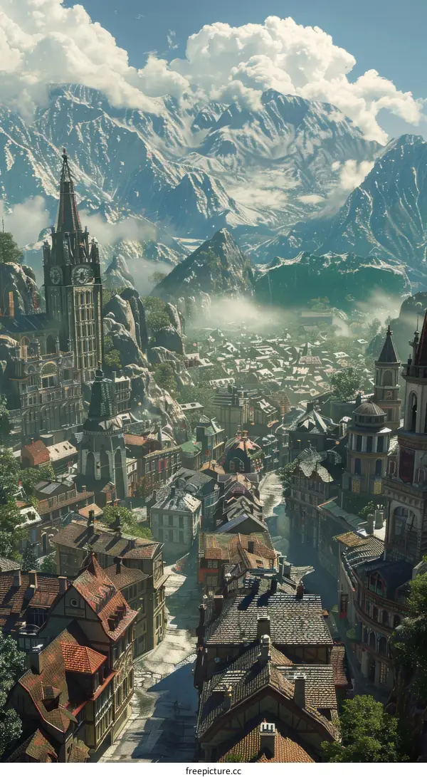 Clock Tower in a Fantasy Cityscape