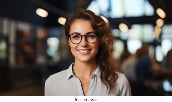 Portrait of a young woman smiling wearing glasses with brown hair and a white shirt