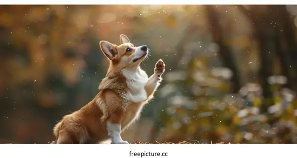 A cute corgi dog raising its paw in the woods