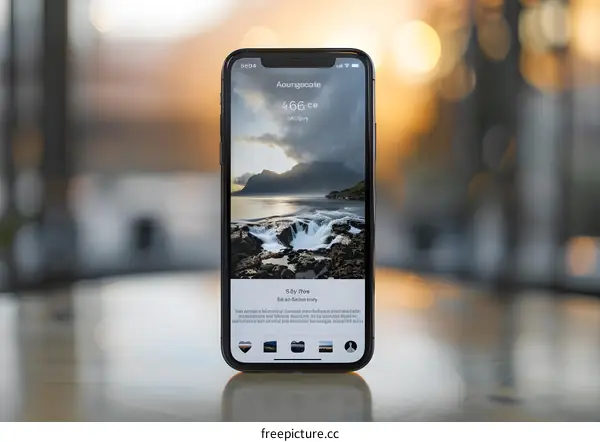 Smartphone on a Table Showing a Beautiful Landscape Image
