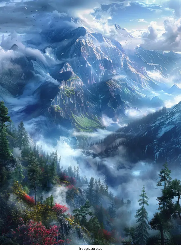 Misty Mountain Landscape with Pine Trees