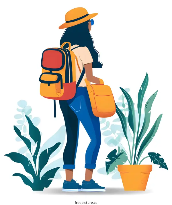 Woman with Backpack Standing in a Garden