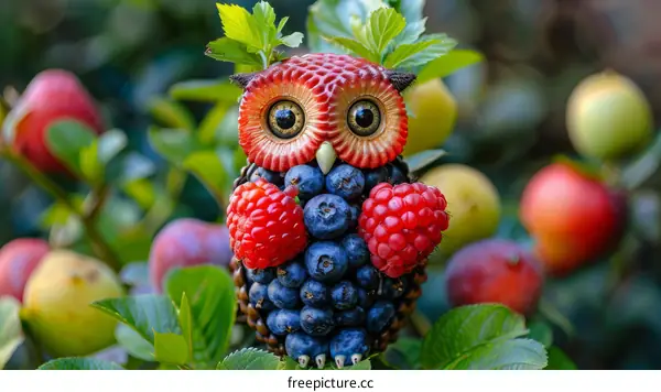 A Vivid Owl Crafted from Berries and Fruits